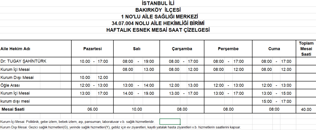 Dr. Tugay Şahintürk’ün çalışma saatleri